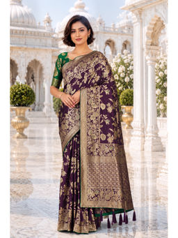 Monjolika Fashion - Purple Banarasi Pure Kanjivaram Silk Saree with Unstitched Blouse