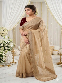 PMD FASHION - Beige Premium Soft Silk Party Wear Saree with Unstitched Blouse