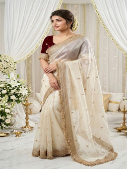 PMD FASHION - Off White Premium Soft Silk Party Wear Saree with Unstitched Blouse