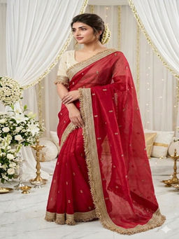 PMD FASHION - Red Premium Soft Silk Party Wear Saree with Unstitched Blouse