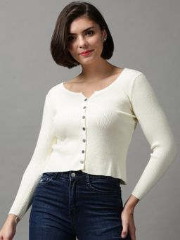SHOWOFF - Women's Long Sleeves V-neck Cream Solid Sweater Vest