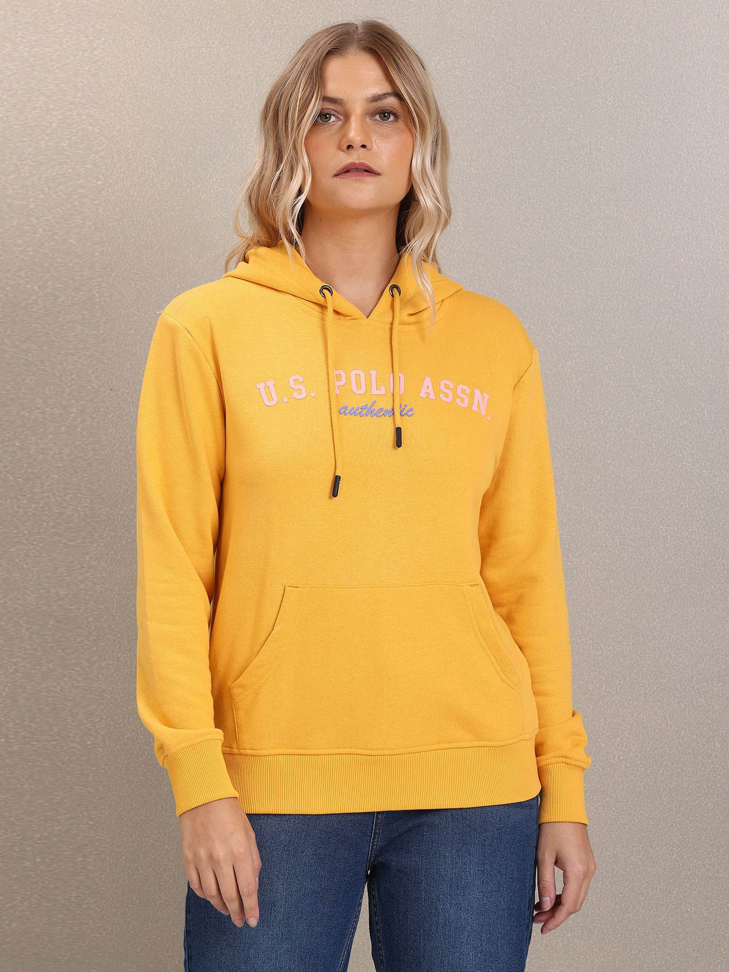 Buy U.S. POLO ASSN. Women Yellow Brand Print Hooded Sweatshirt Online