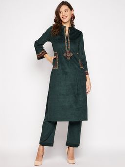 ZIGO - Womens Green Embroidered Full Sleeve Kurta Pants (Set of 2)