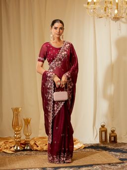 Kasee - Women Maroon Silk Embroidered Saree with Unstitched Blouse