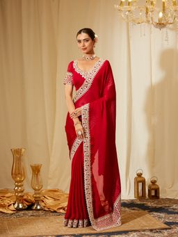 Kasee - Women Red Silk Embroidered Saree with Unstitched Blouse