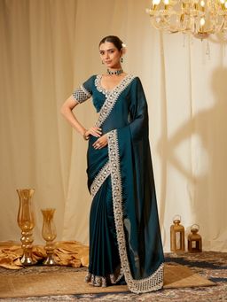 Kasee - Women Teal Silk Embroidered Saree with Unstitched Blouse
