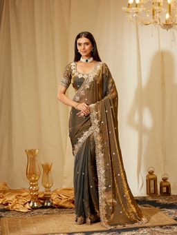 Kasee - Women Gold Silk Embroidered Saree with Unstitched Blouse