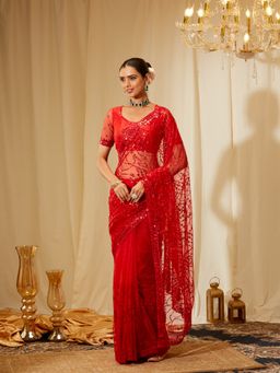 Kasee - Women Red Net Embroidered Saree with Unstitched Blouse