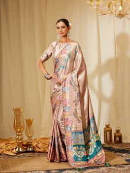 Kasee - Women Peach Satin Self Design Saree with Unstitched Blouse