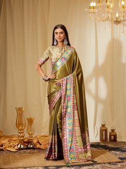 Kasee - Women Green Satin Self Design Saree with Unstitched Blouse