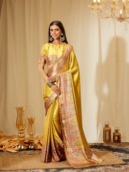 Kasee - Women Mustard Satin Self Design Saree with Unstitched Blouse