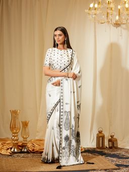 Kasee - Women Cream Satin Paisley Saree with Unstitched Blouse