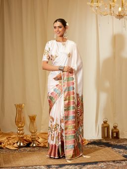 Kasee - Women Cream Satin Paisley Saree with Unstitched Blouse