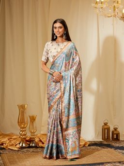Kasee - Women Blue Satin Floral Saree with Unstitched Blouse
