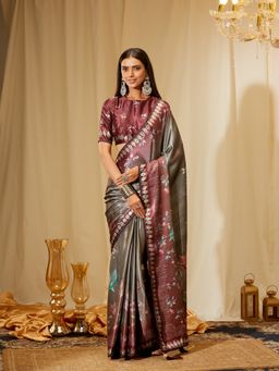 Kasee - Women Purple Satin Floral Saree with Unstitched Blouse