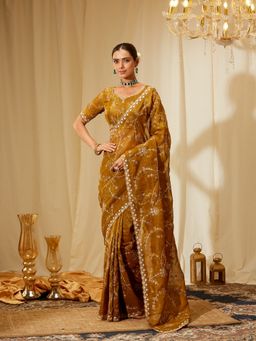Kasee - Women Mustard Satin Embroidered Saree with Unstitched Blouse