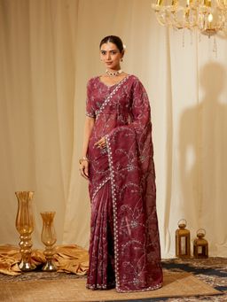 Kasee - Women Purple Satin Embroidered Saree with Unstitched Blouse