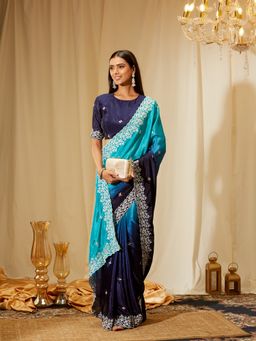 Kasee - Women Teal Silk Embroidered Saree with Unstitched Blouse