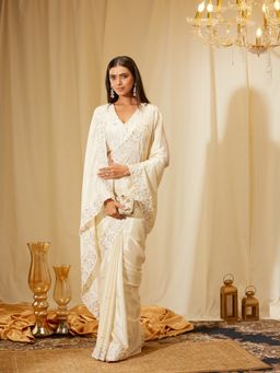 Kasee - Women Cream Silk Embroidered Saree with Unstitched Blouse