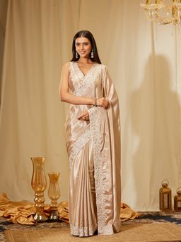 Kasee - Women Gold Silk Embroidered Saree with Unstitched Blouse