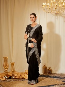 Kasee - Women Black Silk Embroidered Saree with Unstitched Blouse