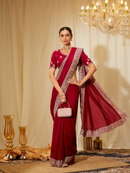 Kasee - Women Magenta Silk Embroidered Saree with Unstitched Blouse