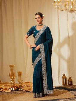 Kasee - Women Teal Silk Embroidered Saree with Unstitched Blouse