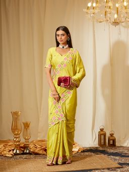 Kasee - Women Yellow Chiffon Embroidered Saree with Unstitched Blouse