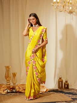 Kasee - Women Yellow Chiffon Embroidered Saree with Unstitched Blouse