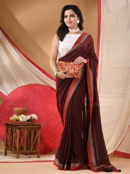 DESH BIDESH - Women Brown Cotton Solid Saree with Unstitched Blouse