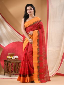 DESH BIDESH - Women Magenta Cotton Floral Saree with Unstitched Blouse