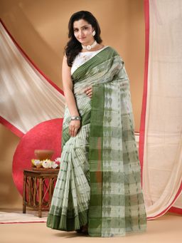 DESH BIDESH - Women Green Cotton Geometric Saree with Unstitched Blouse