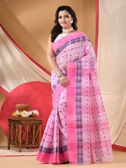 DESH BIDESH - Women Pink Cotton Geometric Saree with Unstitched Blouse