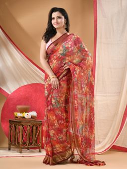 DESH BIDESH - Women Maroon Chiffon Floral Saree Without Blouse