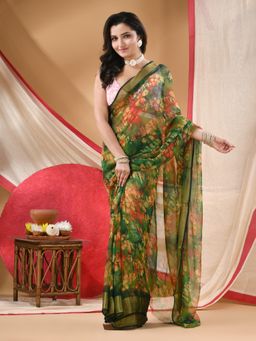 DESH BIDESH - Women Green Chiffon Floral Saree Without Blouse