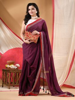 DESH BIDESH - Women Purple Cotton Solid Saree Without Blouse