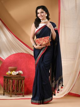 DESH BIDESH - Women Navy Blue Cotton Solid Saree Without Blouse