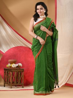 DESH BIDESH - Women Green Cotton Solid Saree Without Blouse