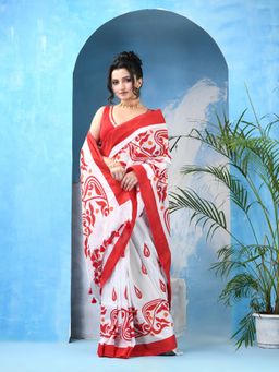 DESH BIDESH - Women White Cotton Ethnic Saree Without Blouse