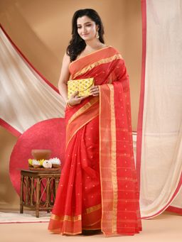 DESH BIDESH - Women Red Cotton Paisley Saree Without Blouse