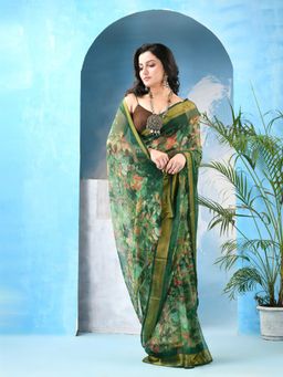 DESH BIDESH - Women Green Chiffon Floral Saree Without Blouse