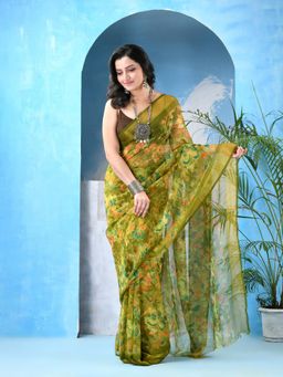 DESH BIDESH - Women Green Chiffon Floral Saree Without Blouse