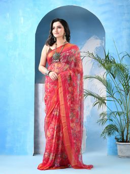 DESH BIDESH - Women Pink Chiffon Floral Saree Without Blouse