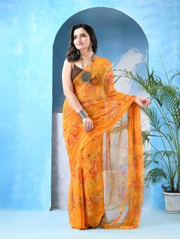 DESH BIDESH - Women Yellow Chiffon Floral Saree Without Blouse