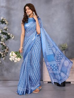 Elora - Light Blue Ethnic Motifs Printed Ready To Wear Saree With Unstitched Blouse