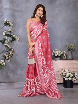 Elora - Peach Floral Printed With Jamdani Ready To Wear Saree With Unstitched Blouse