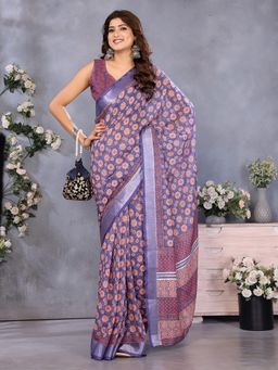 Elora - Purple Circular Floral Motif Printed Ready To Wear Saree With Unstitched Blouse
