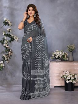 Elora - Grey Zig Zag Printed Ready To Wear Saree With Unstitched Blouse