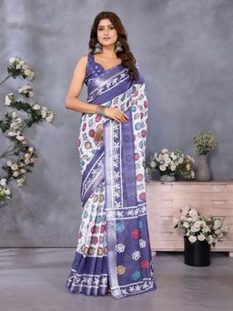 Elora - White Batik Printed Ready To Wear Saree With Unstitched Blouse