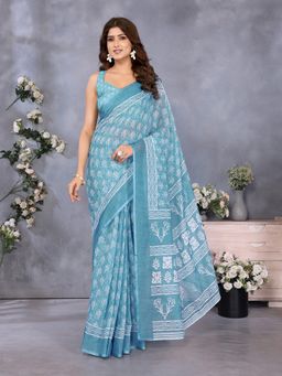 Elora - Ocean Green Batik Printed Ready To Wear Saree With Unstitched Blouse
